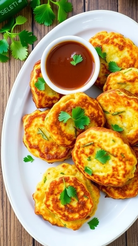Spicy Zucchini and Jalapeño Fritters Recipe Crispy zucchini and jalapeño fritters on a plate, garnished with cilantro and served with dipping sauce.